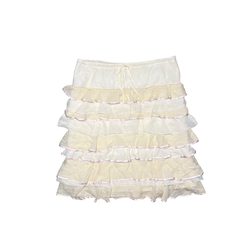Calvin Klein Women Cream Tiered Ruffle Skirt Pink Trim